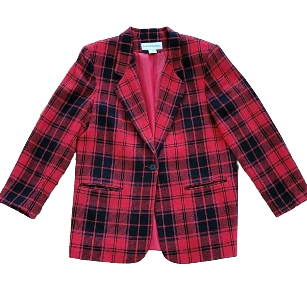 Norton McNaughton Blazer Vintage Wool Red Green Black Plaid One Button Size 10